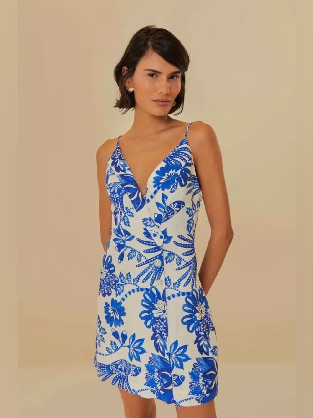 Farm Rio Floral Birds Off White Linen Mini Dress